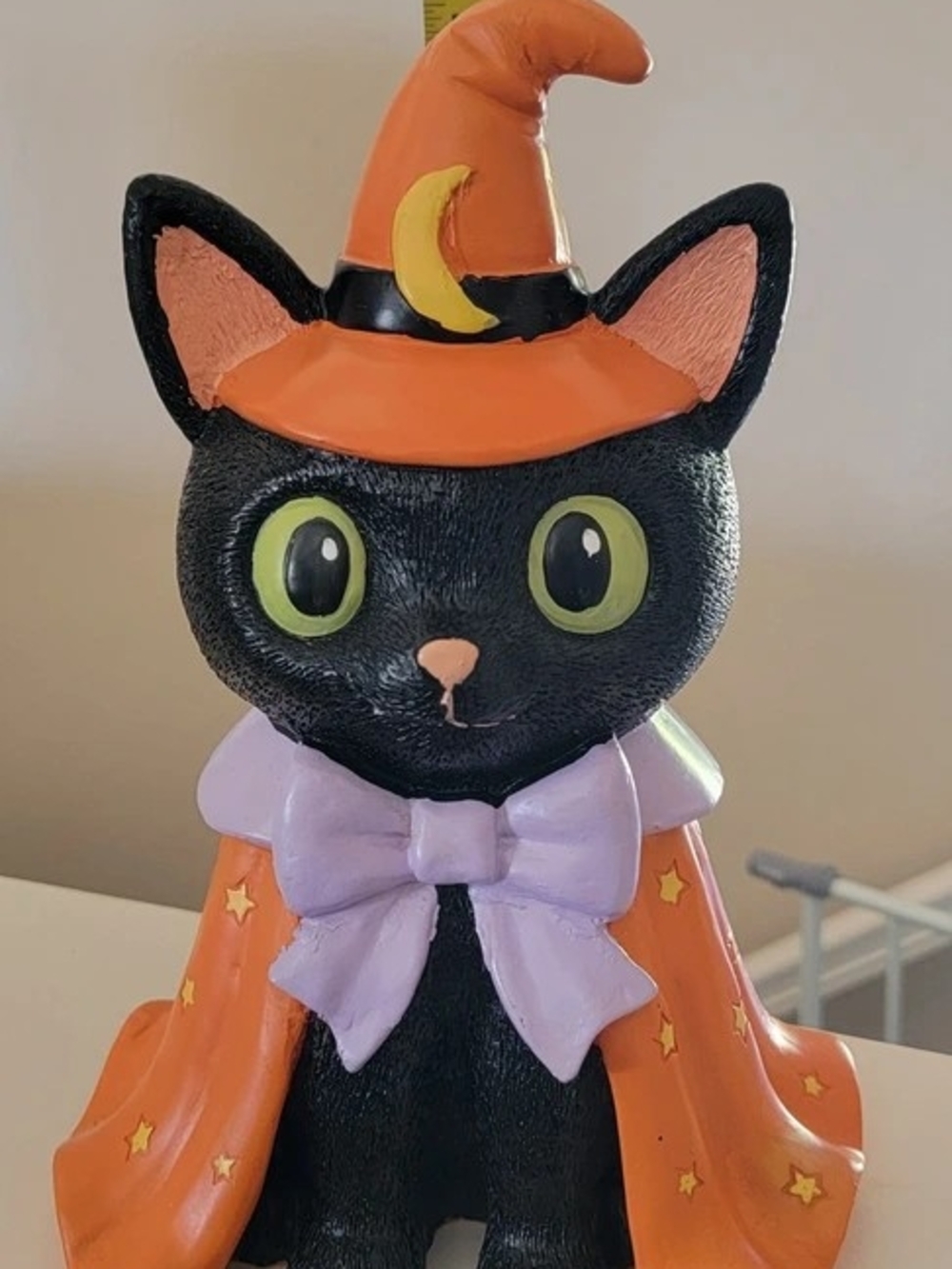 Black Halloween Cat Figurine with Orange Witch Hat and Cape